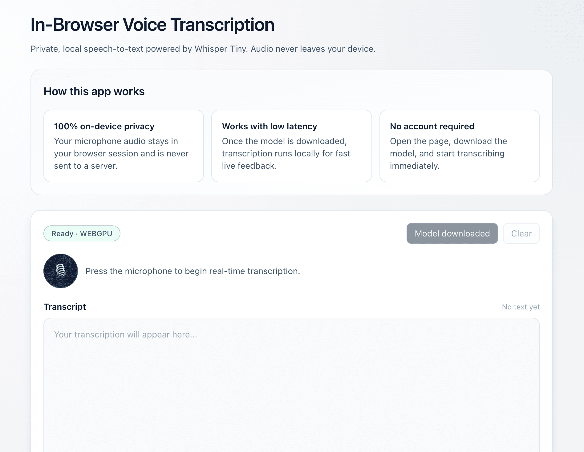 Free Voice Transcription app (using in-browser AI model) preview
